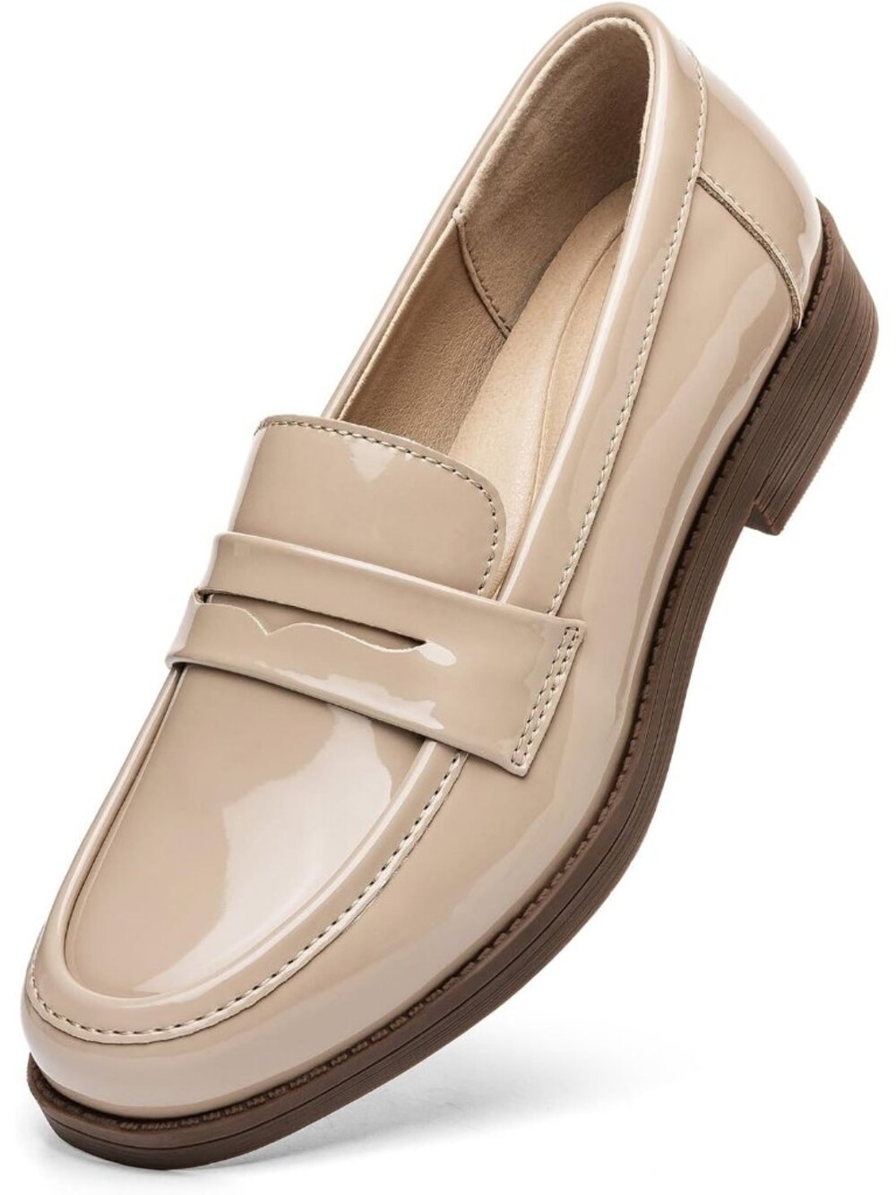 Women’s Nude Patent Comfortable Penny Loafers Slip On Casual Walking Flat Shoes